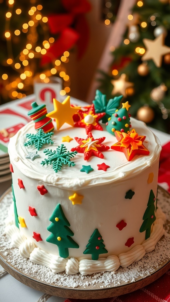 A festive Christmas cake decorated with colorful fondant ornaments and white icing, set against a holiday backdrop.